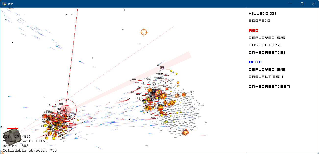 Crowd performance and health bar demonstration as well as CCD. Note projectiles are not tunneling through other objects despite the very fast speed they are moving.